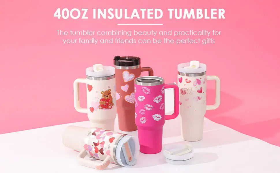 40 Oz Insulated Tumbler with Handle & Straw, Stainless Steel Vacuum Coffee Mug with Lid, Spill Proof Travel Cup for Car, Office, Gym – Valentine’s Day Gift for Lovers Bright Mart
