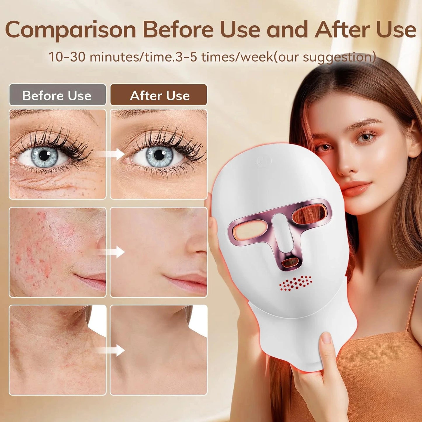 USB Rechargeable LED Face Mask Therapy Red Light Therapy Face Mask with Neck Therapy Mask for Home Working Travel Yoga Sleep Bright Mart