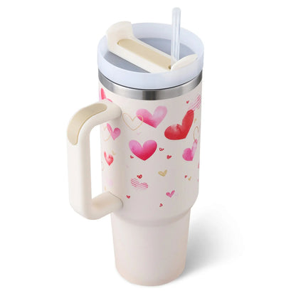 40 Oz Insulated Tumbler with Handle & Straw, Stainless Steel Vacuum Coffee Mug with Lid, Spill Proof Travel Cup for Car, Office, Gym – Valentine’s Day Gift for Lovers Bright Mart