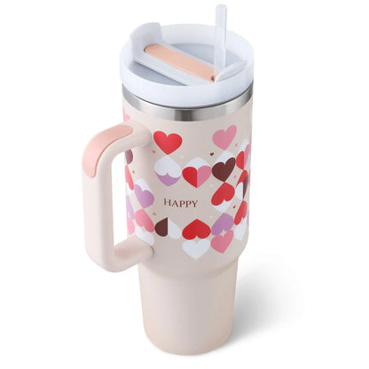 40 Oz Insulated Tumbler with Handle & Straw, Stainless Steel Vacuum Coffee Mug with Lid, Spill Proof Travel Cup for Car, Office, Gym – Valentine’s Day Gift for Lovers Bright Mart
