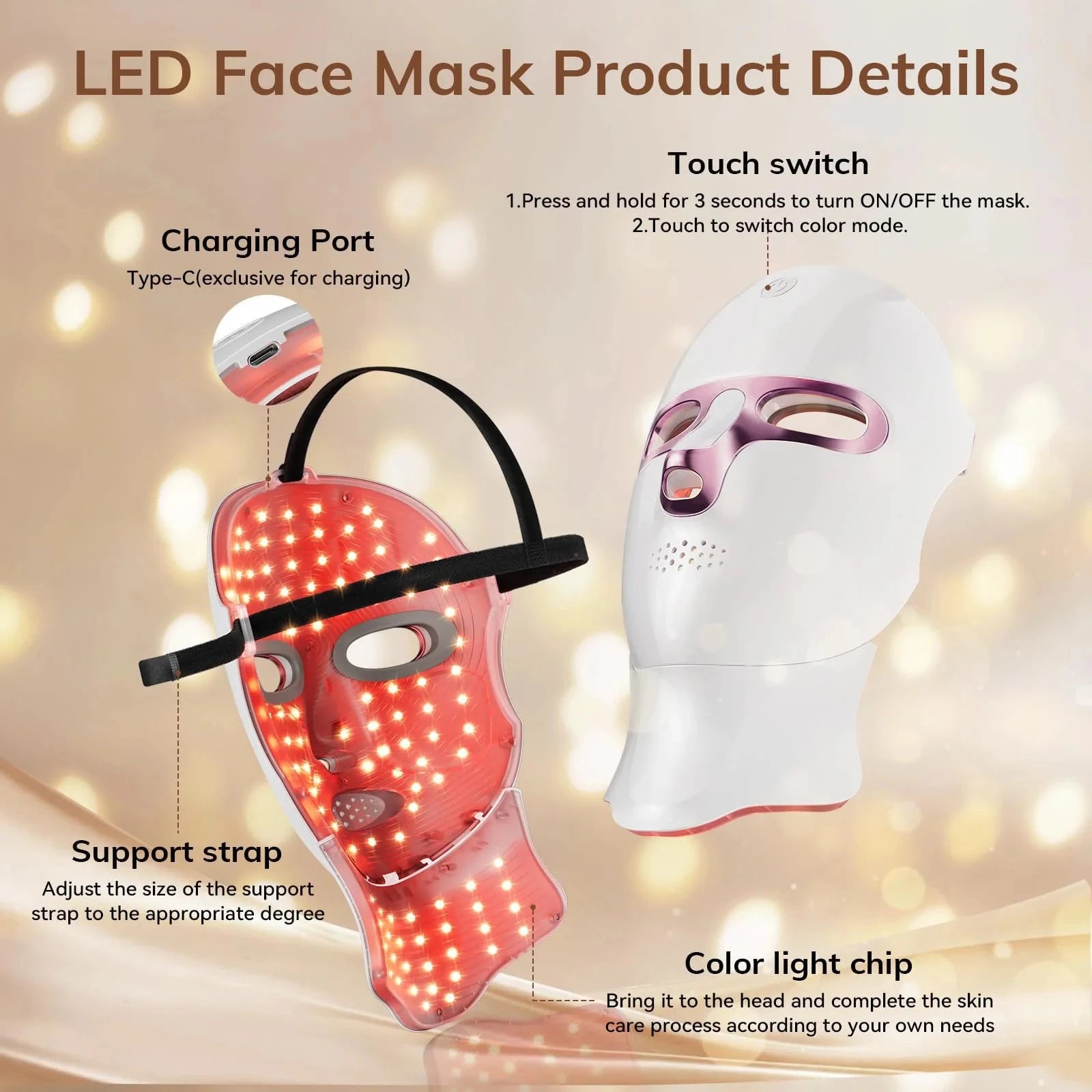 USB Rechargeable LED Face Mask Therapy Red Light Therapy Face Mask with Neck Therapy Mask for Home Working Travel Yoga Sleep Bright Mart