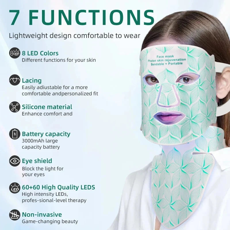 Red Light Therapy for Face & Neck, Red Light Mask with 850nm NIR, 7-1 Colors LED Light Therapy mask, Rechargeable LED Face & Neck Mask for Anti-Aging, Skin Firming & Radiant Glow at Home Bright Mart