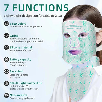Red Light Therapy for Face & Neck, Red Light Mask with 850nm NIR, 7-1 Colors LED Light Therapy mask, Rechargeable LED Face & Neck Mask for Anti-Aging, Skin Firming & Radiant Glow at Home Bright Mart