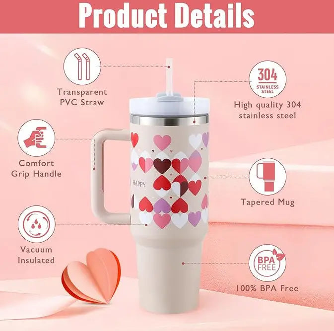 40 Oz Insulated Tumbler with Handle & Straw, Stainless Steel Vacuum Coffee Mug with Lid, Spill Proof Travel Cup for Car, Office, Gym – Valentine’s Day Gift for Lovers Bright Mart