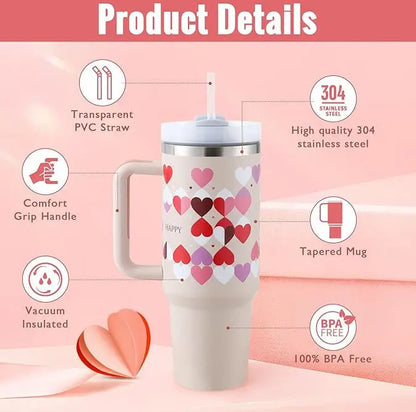 40 Oz Insulated Tumbler with Handle & Straw, Stainless Steel Vacuum Coffee Mug with Lid, Spill Proof Travel Cup for Car, Office, Gym – Valentine’s Day Gift for Lovers Bright Mart